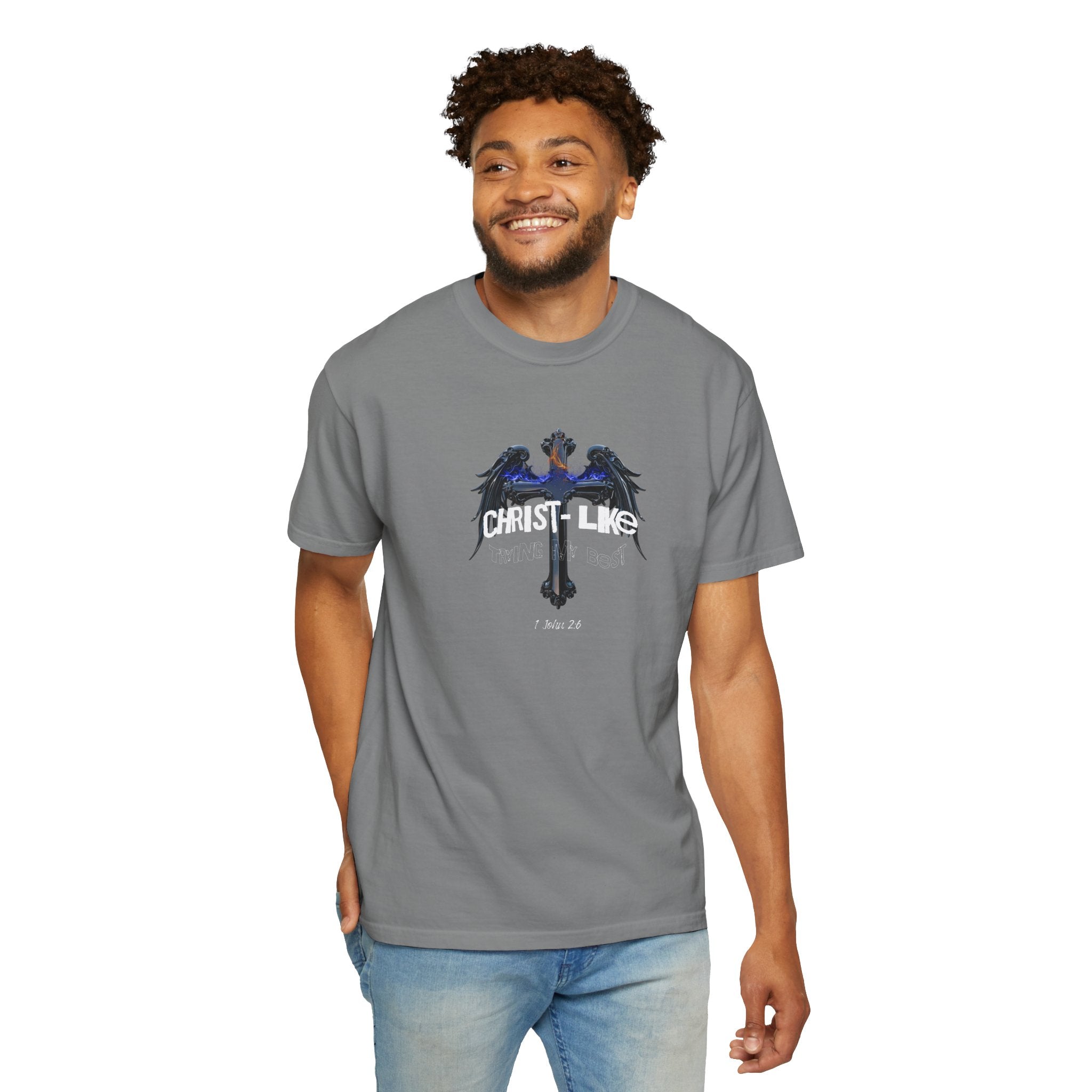 Man wearing a gray t-shirt with a logo on a white background