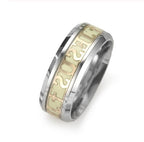 Silver ring with gold text on a white background