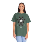 Woman wearing a green t-shirt with a graphic design on a white background