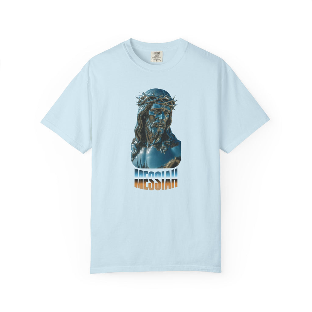 Light blue t-shirt with a graphic of a bearded figure wearing a crown of thorns and the word 'Messiah' on a white background.