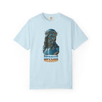 Light blue t-shirt with a graphic of a bearded figure wearing a crown of thorns and the word 'Messiah' on a white background.