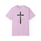 Light purple t-shirt with a crucifixion design and 'LOVE' text on a white background