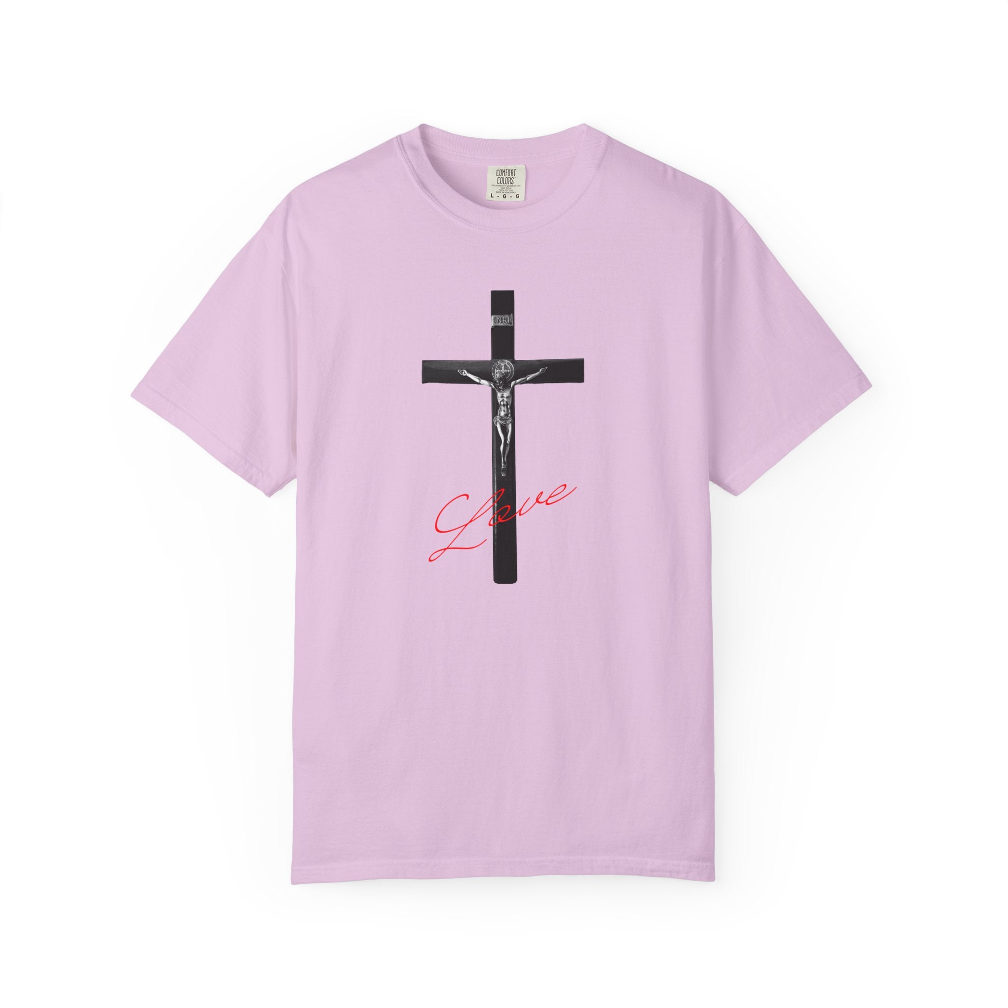 Light purple t-shirt with a crucifixion design and 'LOVE' text on a white background