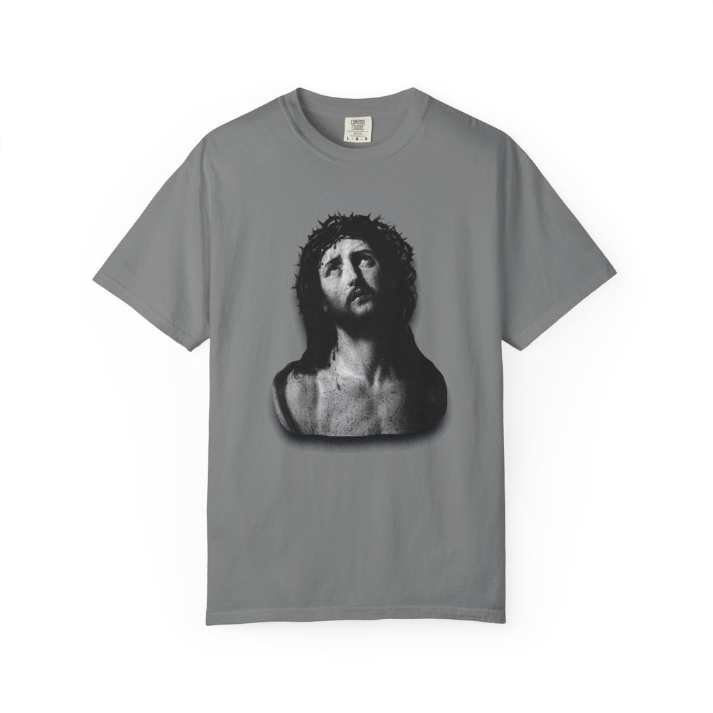 Gray t-shirt with a black and white graphic of a bust on a white background