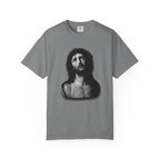 Gray t-shirt with a black and white graphic of a bust on a white background