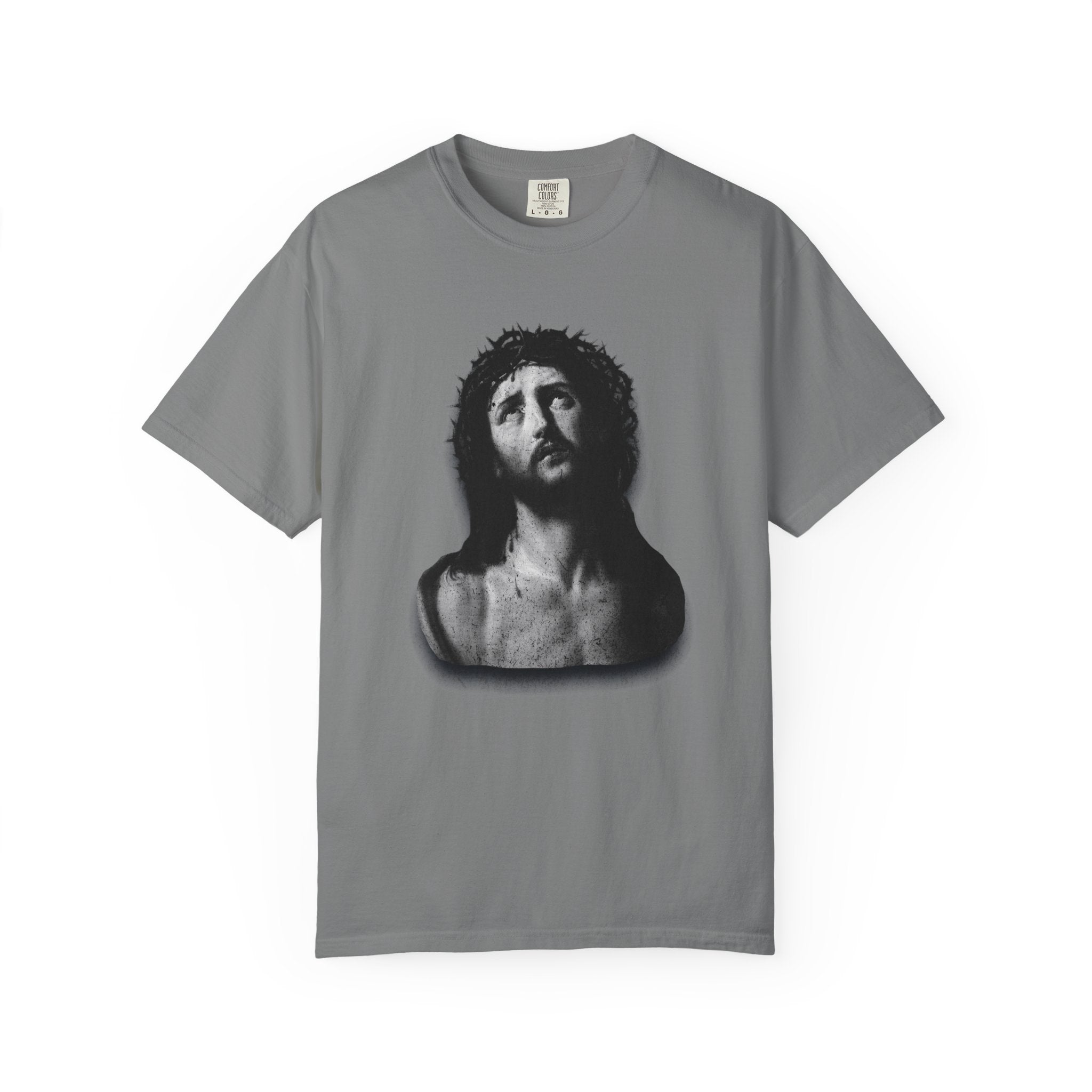 Gray t-shirt with a black and white graphic of a bust on a white background