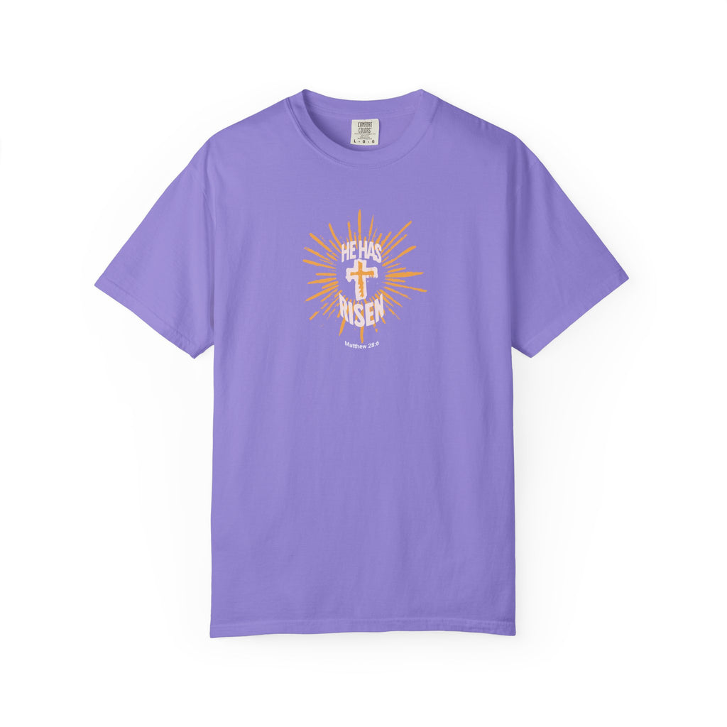 Purple t-shirt with a graphic design on a white background