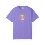Purple t-shirt with a graphic design on a white background