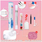Collection of beauty products and tools on a pink background with text indicating features and accessories.