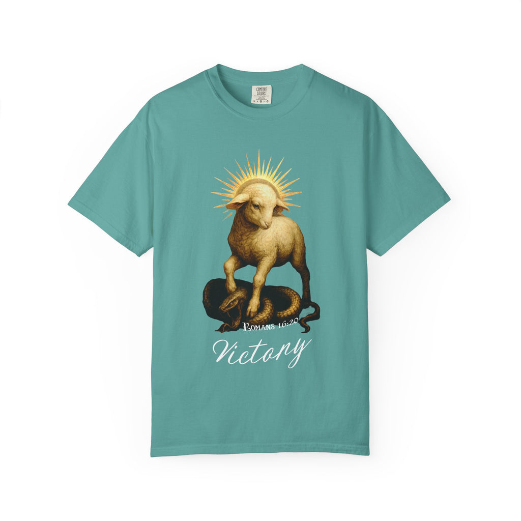 Teal t-shirt with a graphic of a ram and the word 'Victory' on a white background
