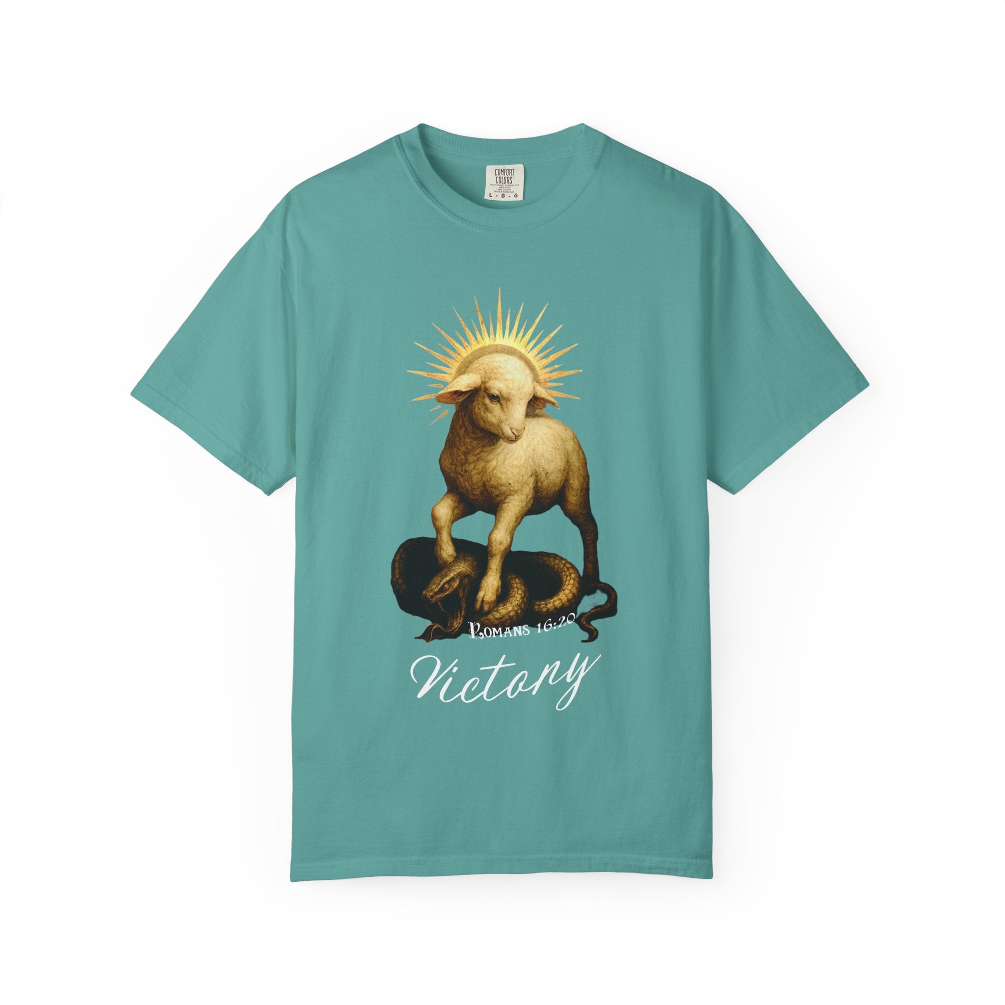 Teal t-shirt with a graphic of a ram and the word 'Victory' on a white background