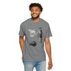 Man wearing a gray t-shirt with a graphic design and text on a white background