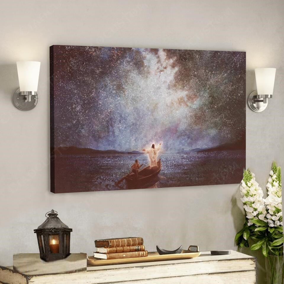Canvas print of a painting of two people in a boat under a starry sky, hanging on a wall above a shelf with decorative items.