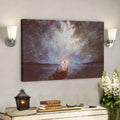 Canvas print of a painting of two people in a boat under a starry sky, hanging on a wall above a shelf with decorative items.