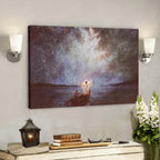 Canvas print of a painting of two people in a boat under a starry sky, hanging on a wall above a shelf with decorative items.