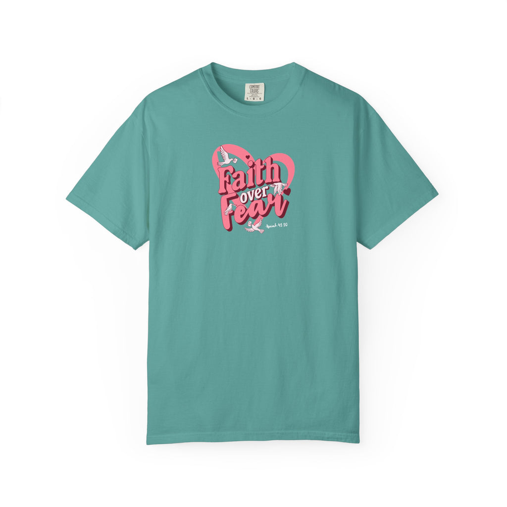 Teal t-shirt with 'Faith Over Fear' graphic on a white background