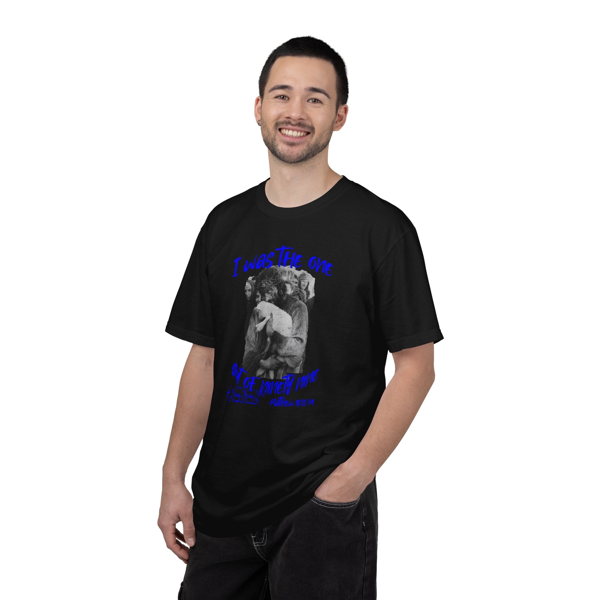 Man wearing a black t-shirt with a graphic design and text on a white background