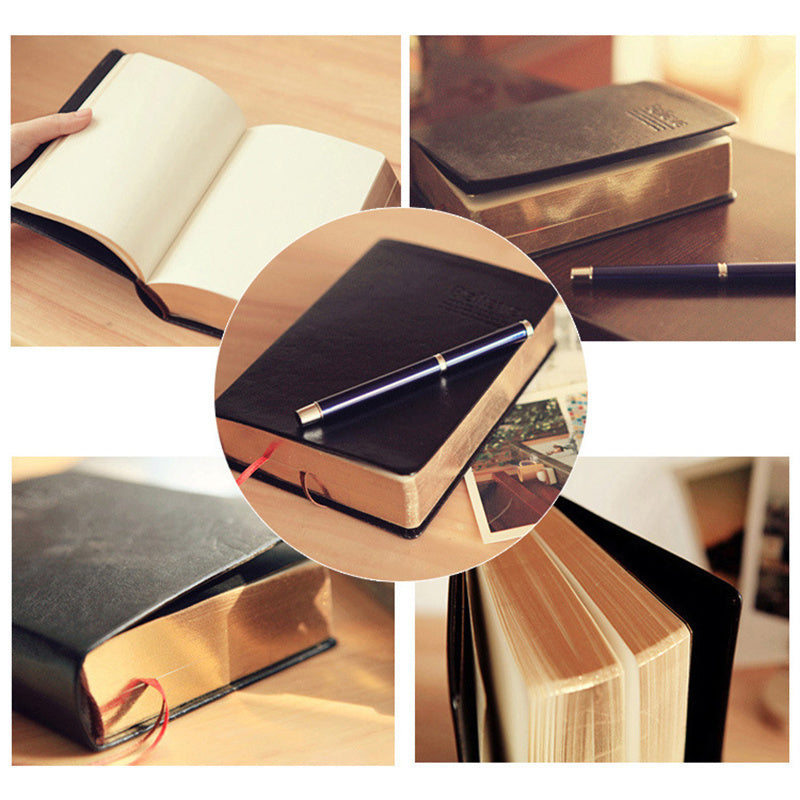 Collage of leather-bound books and a pen on a wooden surface.