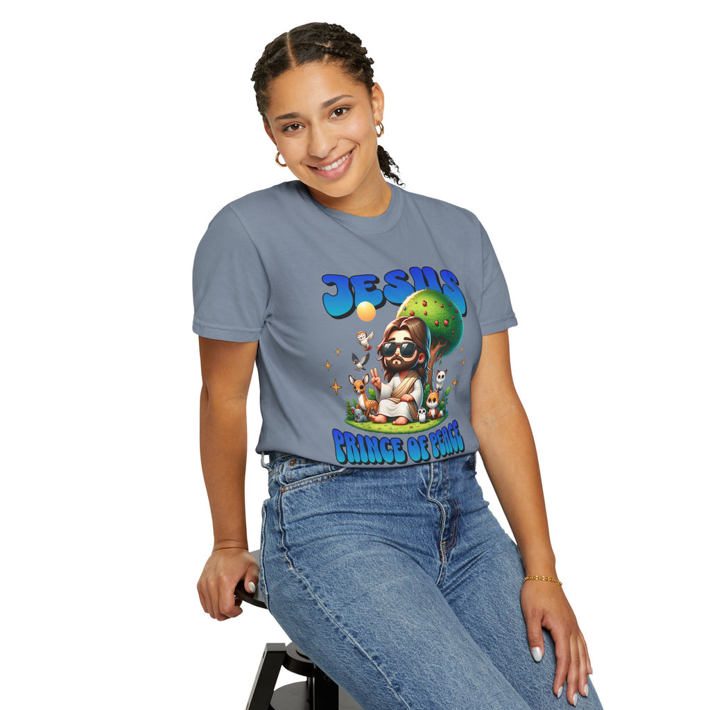 Person wearing a t-shirt with a colorful graphic design on a white background