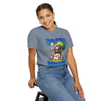Person wearing a t-shirt with a colorful graphic design on a white background