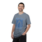Man wearing a gray t-shirt with blue graphic design on a white background
