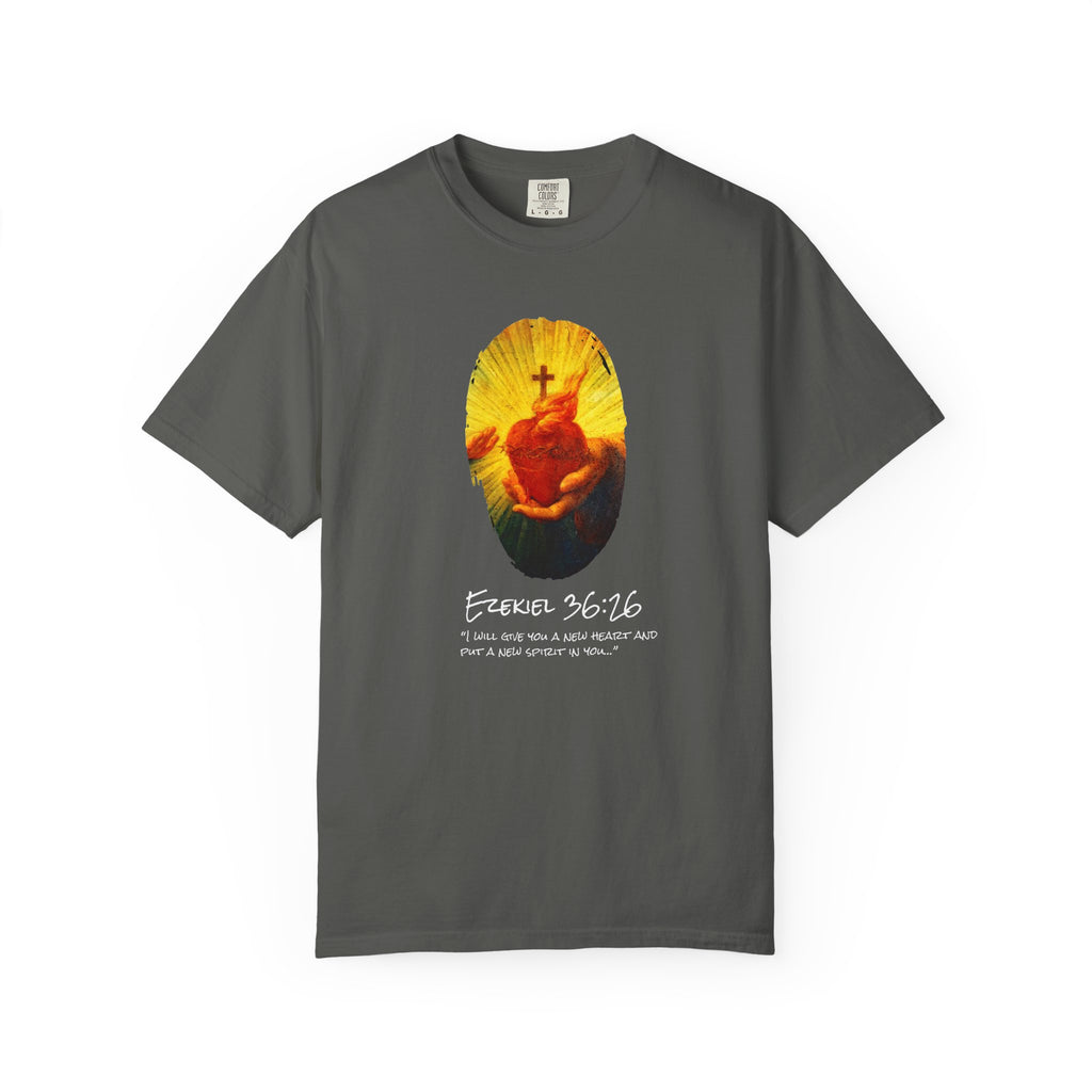 Gray t-shirt with a colorful graphic and text on a white background
