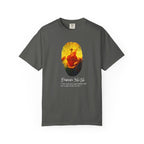Gray t-shirt with a colorful graphic and text on a white background