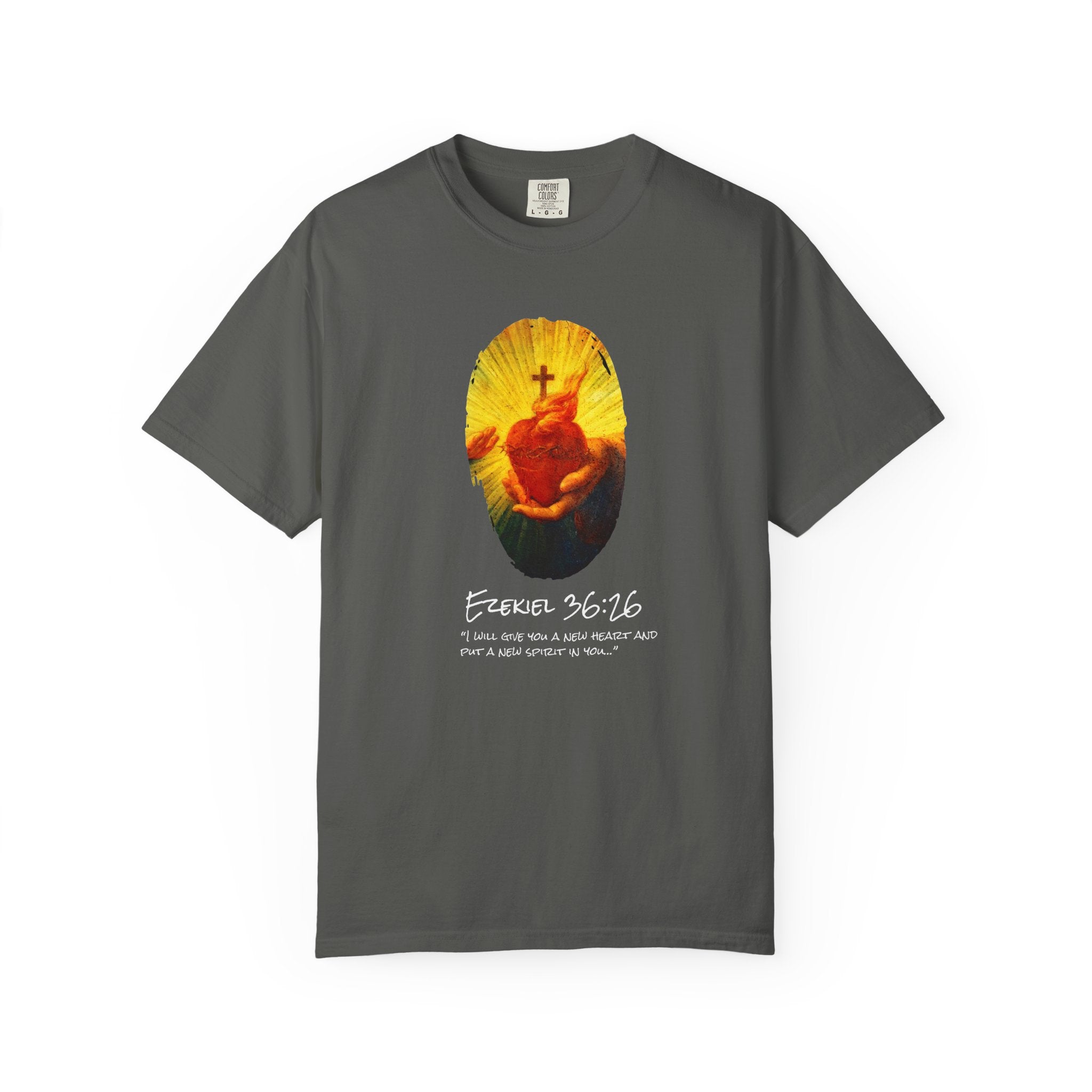 Gray t-shirt with a colorful graphic and text on a white background