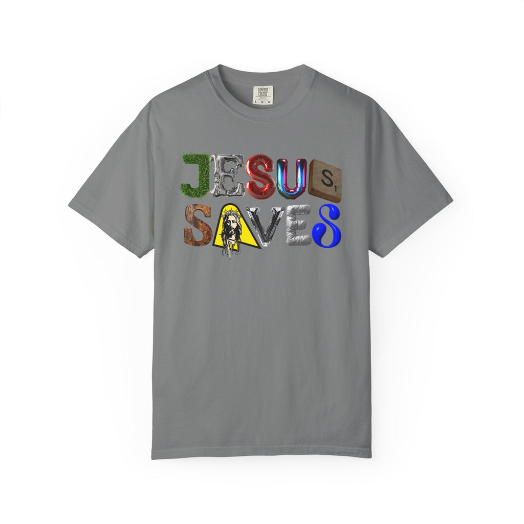 Gray t-shirt with 'Jesus Saves' text in colorful letters on a white background