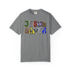 Gray t-shirt with 'Jesus Saves' text in colorful letters on a white background