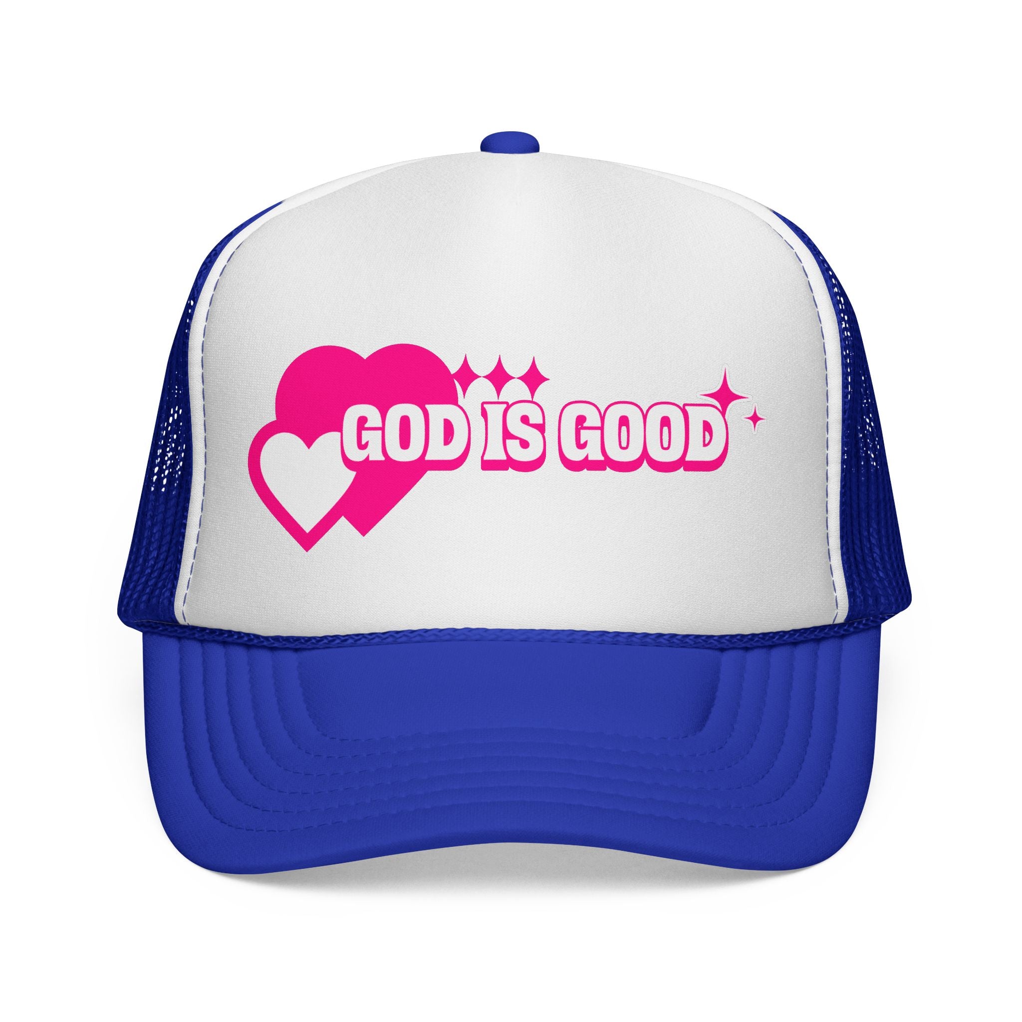 God Is Good Pink Heart Trucker Cap