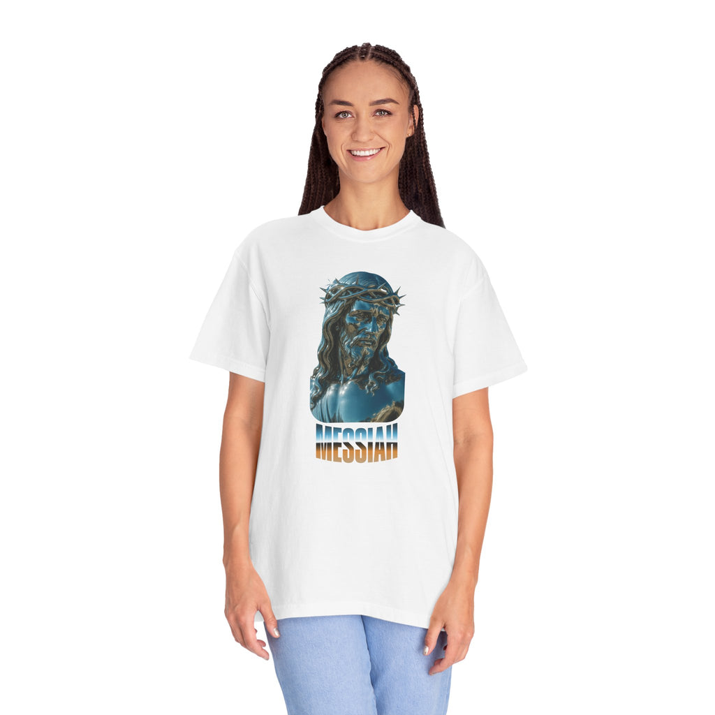 Person wearing a white t-shirt with a graphic design and text on a white background