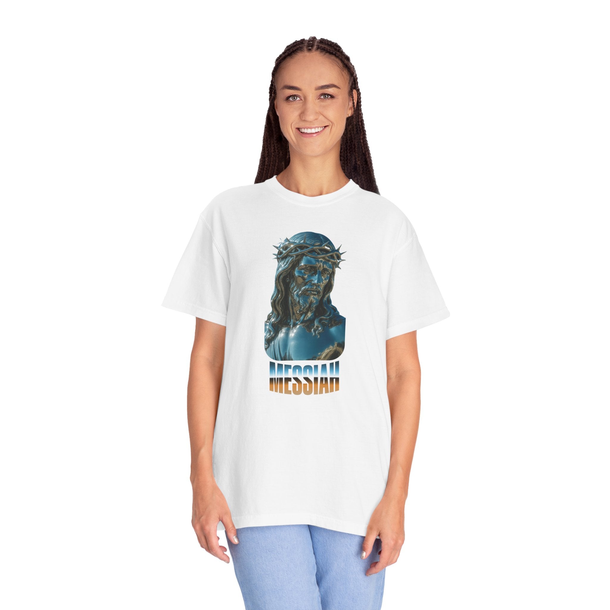 Person wearing a white t-shirt with a graphic design and text on a white background