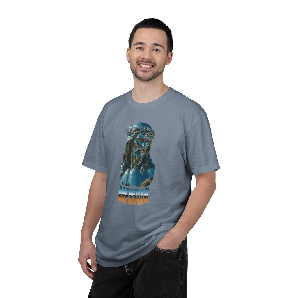 Man wearing a gray t-shirt with a graphic design on a white background