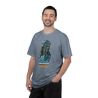 Man wearing a gray t-shirt with a graphic design on a white background