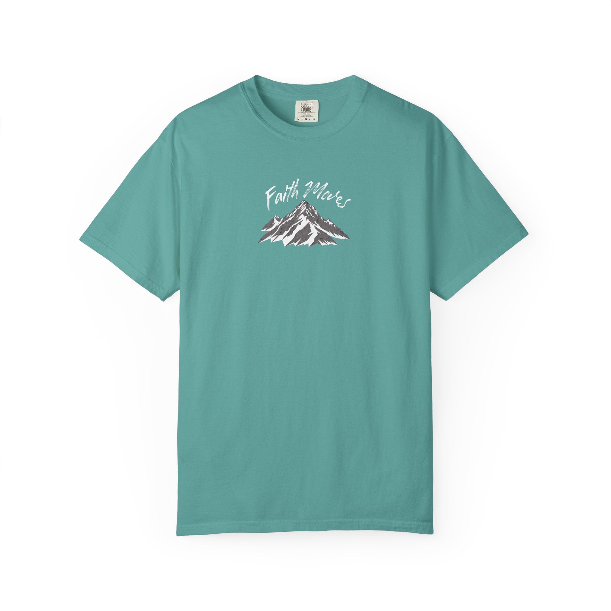 Teal t-shirt with a small logo on a white background