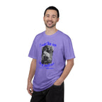 Man wearing a purple t-shirt with text and graphic on a white background