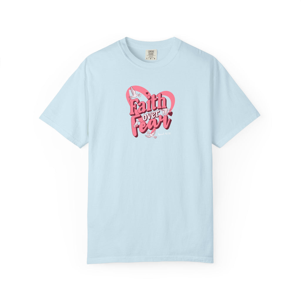 Light blue t-shirt with pink heart and text design on a white background