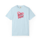 Light blue t-shirt with pink heart and text design on a white background