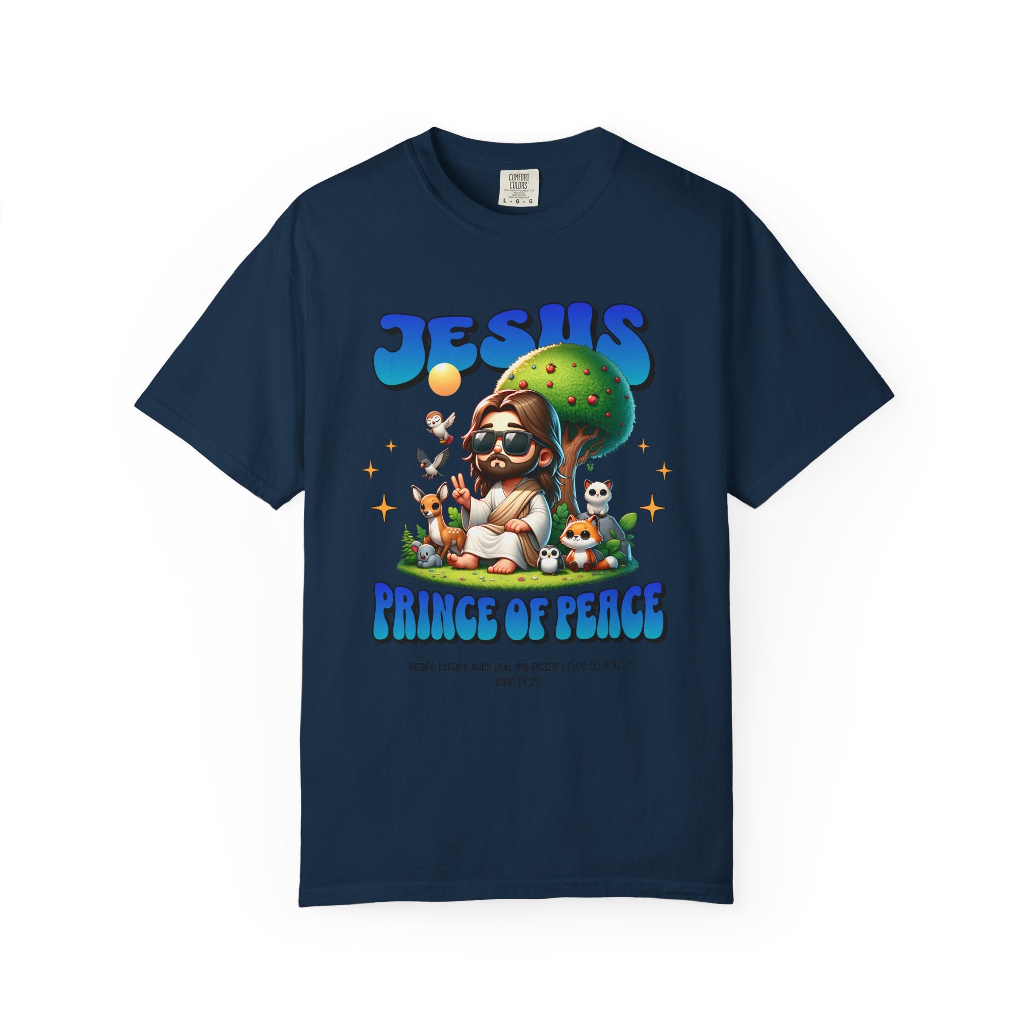 Navy blue t-shirt with cartoon Jesus design and 'Prince of Peace' text on a white background
