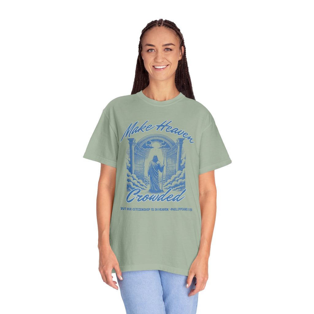 Woman wearing a green t-shirt with a graphic design and text on a white background