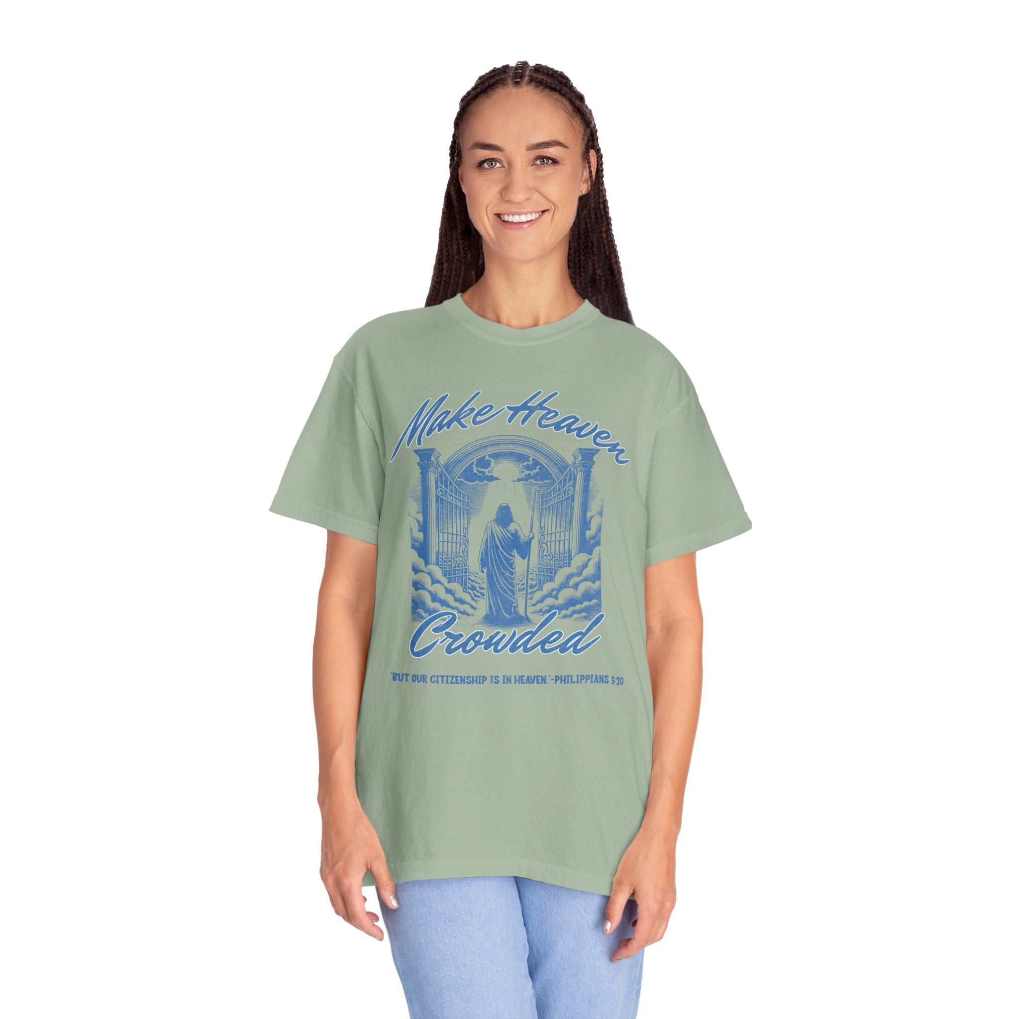 Woman wearing a green t-shirt with a graphic design and text on a white background