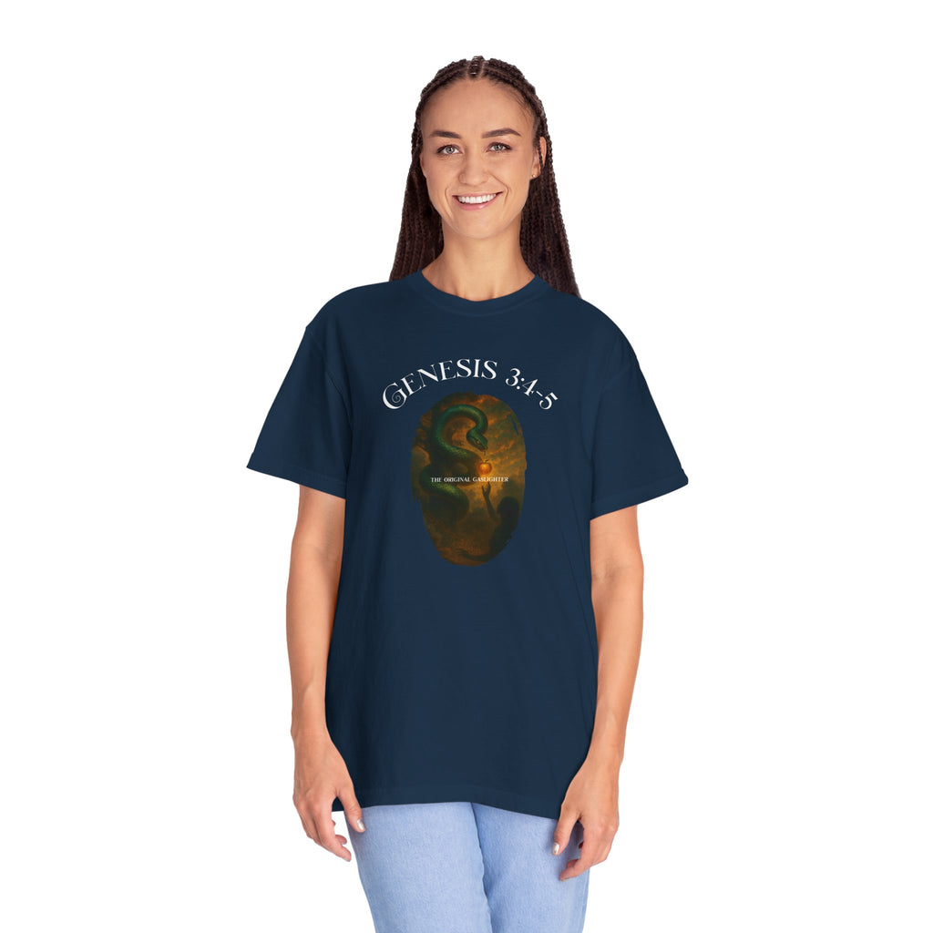 Person wearing a navy blue t-shirt with a graphic design and text on a white background