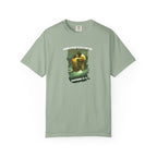 Light green t-shirt with graphic design and text on a white background