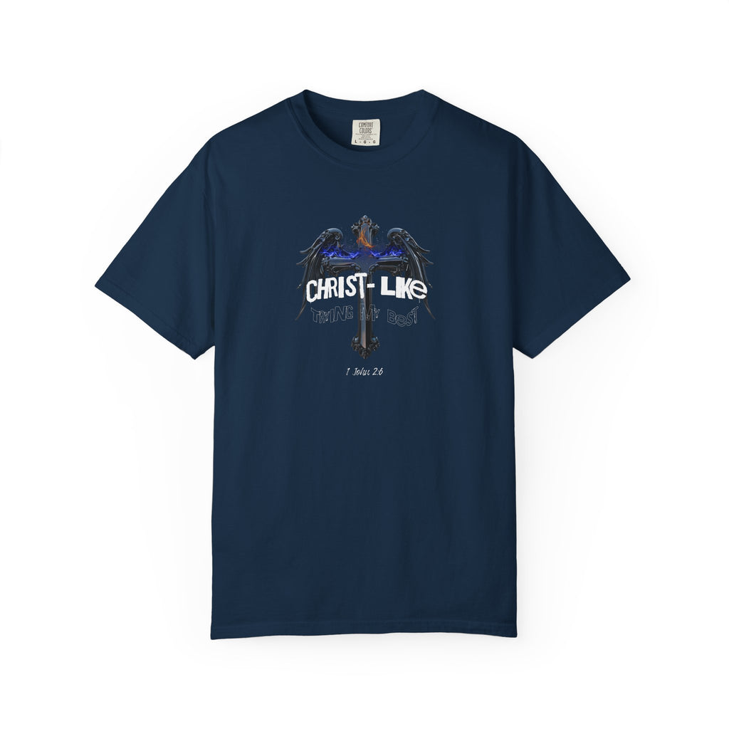 Navy blue t-shirt with 'worship' design on a white background