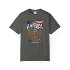 Gray t-shirt with American flag and eagle design on a white background