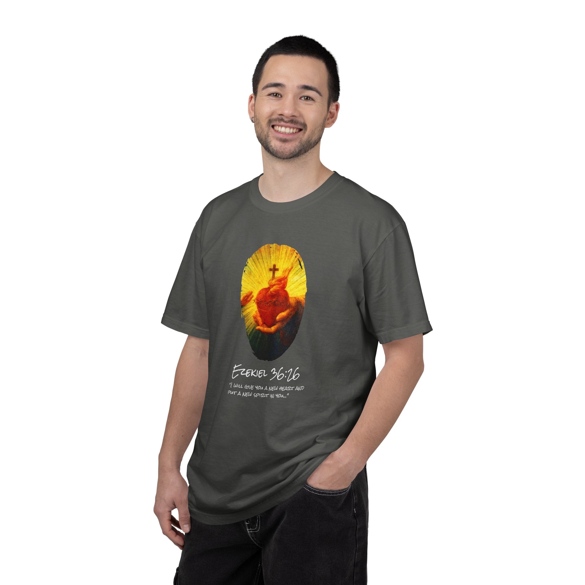 Man wearing a gray t-shirt with a graphic design on a white background