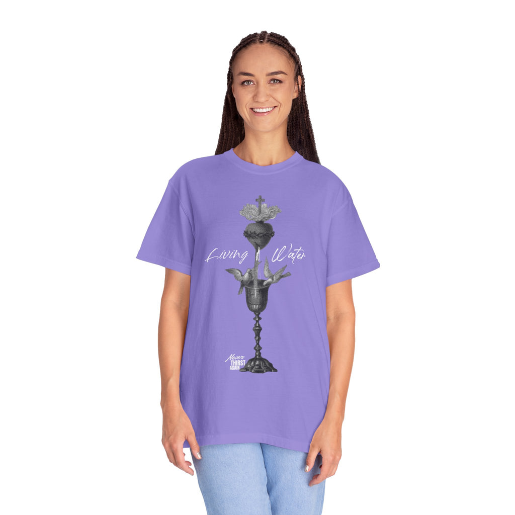 Person wearing a purple t-shirt with a graphic design on a white background
