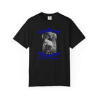Black t-shirt with graphic design and text on a white background