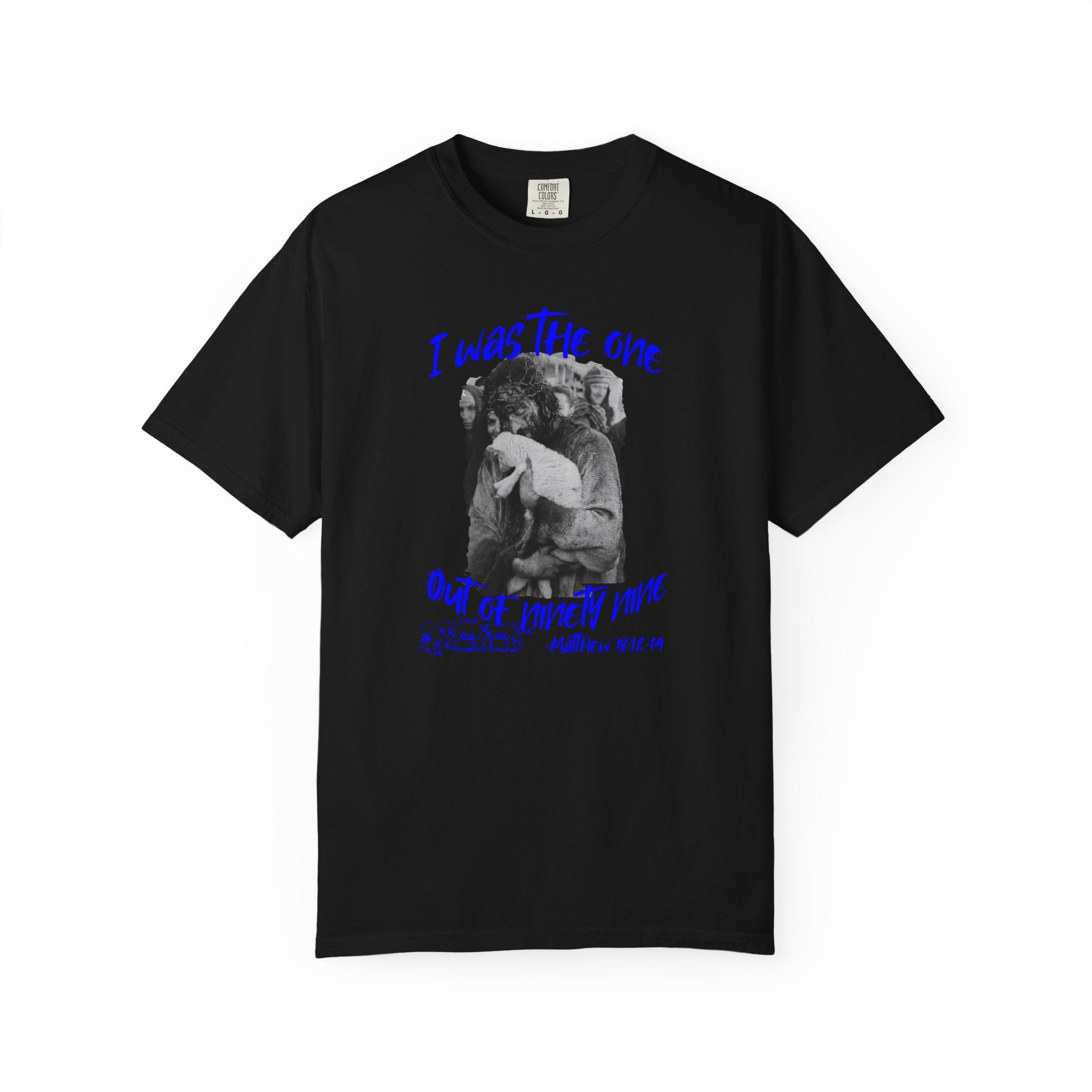 Black t-shirt with graphic design and text on a white background